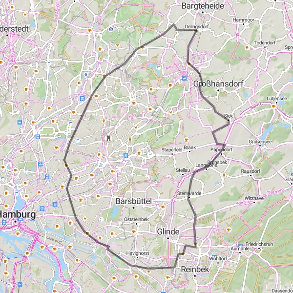 Map miniature of "Ahrensburg and Delingsdorf Loop" cycling inspiration in Schleswig-Holstein, Germany. Generated by Tarmacs.app cycling route planner