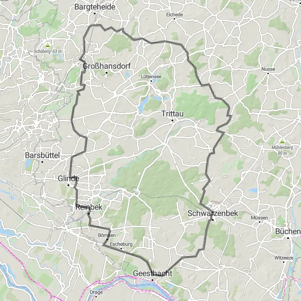 Map miniature of "Bornberg and Ahrensburg Adventure" cycling inspiration in Schleswig-Holstein, Germany. Generated by Tarmacs.app cycling route planner