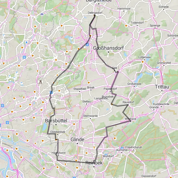 Map miniature of "Siek and Reinbek Scenic Ride" cycling inspiration in Schleswig-Holstein, Germany. Generated by Tarmacs.app cycling route planner