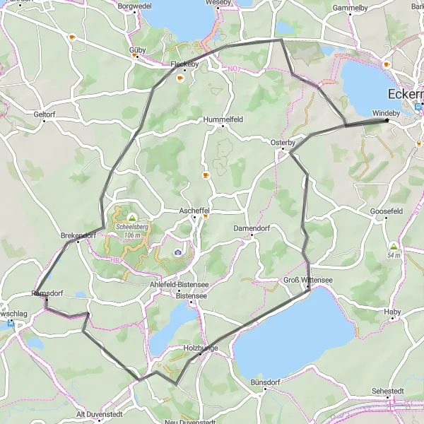 Map miniature of "Rolling Hills and Lakes" cycling inspiration in Schleswig-Holstein, Germany. Generated by Tarmacs.app cycling route planner