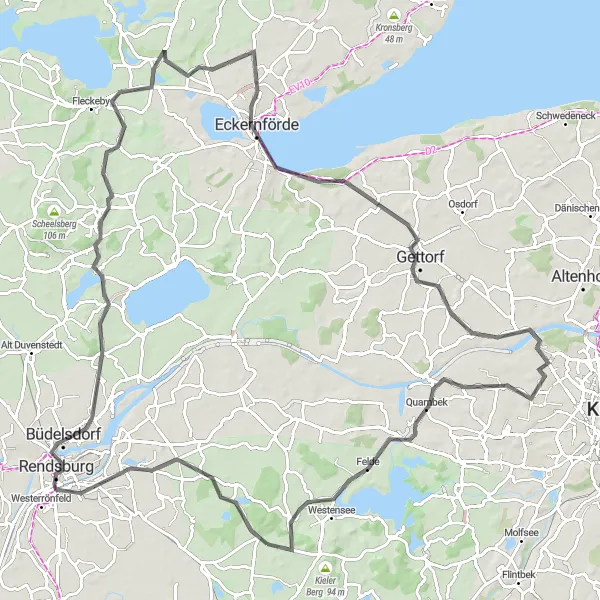 Karten-Miniaturansicht der Radinspiration "Rund um Emkendorf von Osterrönfeld nach Eckernförde" in Schleswig-Holstein, Germany. Erstellt vom Tarmacs.app-Routenplaner für Radtouren