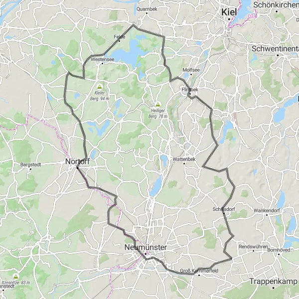 Map miniature of "Emkendorf - Westensee - Nortorf" cycling inspiration in Schleswig-Holstein, Germany. Generated by Tarmacs.app cycling route planner
