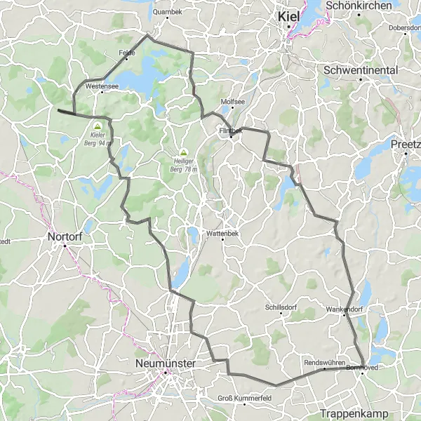 Karten-Miniaturansicht der Radinspiration "Road-Tour um Flintbek und Wankendorf" in Schleswig-Holstein, Germany. Erstellt vom Tarmacs.app-Routenplaner für Radtouren