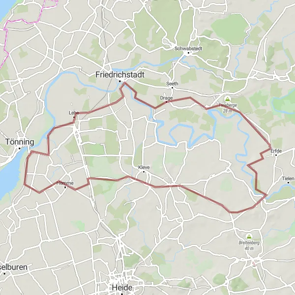 Map miniature of "Gravel Loop: Erfde, Pahlen, Fedderingen, Karolinenkoog, Friedrichstadt, Drage, Twieberge" cycling inspiration in Schleswig-Holstein, Germany. Generated by Tarmacs.app cycling route planner