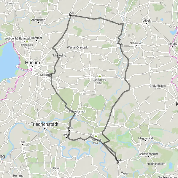 Map miniature of "Schleswig-Holstein Countryside Loop: Erfde, Twieberge, Seeth, Schwesing, Viöl, Treia" cycling inspiration in Schleswig-Holstein, Germany. Generated by Tarmacs.app cycling route planner