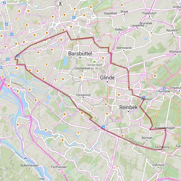 Karten-Miniaturansicht der Radinspiration "Gravel-Abenteuer um Wandsbek" in Schleswig-Holstein, Germany. Erstellt vom Tarmacs.app-Routenplaner für Radtouren