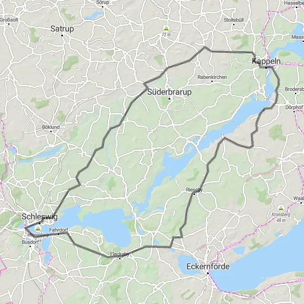 Map miniature of "Schleswig Hilltops" cycling inspiration in Schleswig-Holstein, Germany. Generated by Tarmacs.app cycling route planner