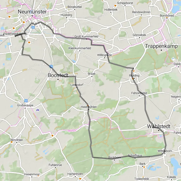 Map miniature of "The Road to Padenstedt-Kamp" cycling inspiration in Schleswig-Holstein, Germany. Generated by Tarmacs.app cycling route planner