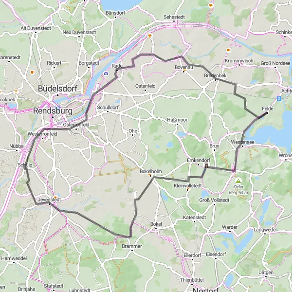 Karten-Miniaturansicht der Radinspiration "Rundtour um Felde und Westensee" in Schleswig-Holstein, Germany. Erstellt vom Tarmacs.app-Routenplaner für Radtouren