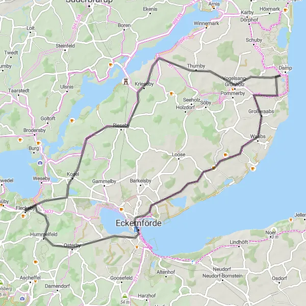 Karten-Miniaturansicht der Radinspiration "Kreisfahrt nach Eckernförde" in Schleswig-Holstein, Germany. Erstellt vom Tarmacs.app-Routenplaner für Radtouren