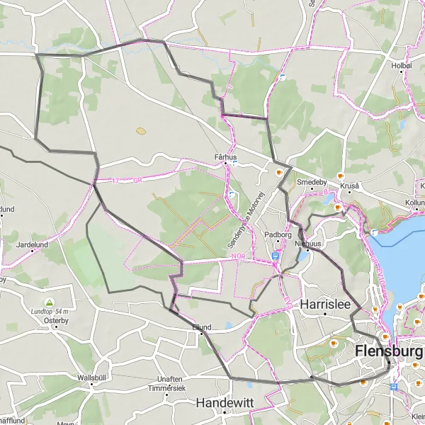 Map miniature of "Flensburg to Ellund Loop" cycling inspiration in Schleswig-Holstein, Germany. Generated by Tarmacs.app cycling route planner