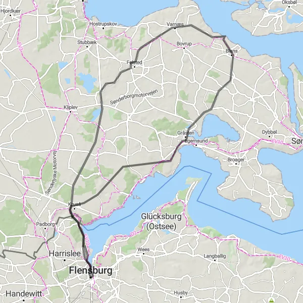 Map miniature of "Flensburg to Gråsten Palace and Back" cycling inspiration in Schleswig-Holstein, Germany. Generated by Tarmacs.app cycling route planner