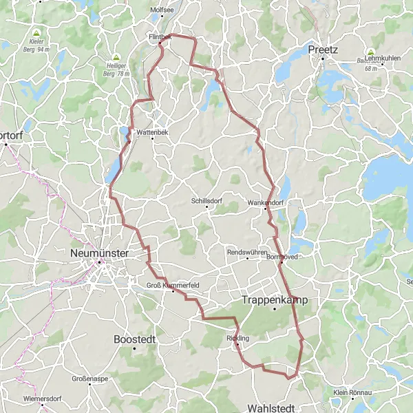 Map miniature of "Warnau Loop" cycling inspiration in Schleswig-Holstein, Germany. Generated by Tarmacs.app cycling route planner