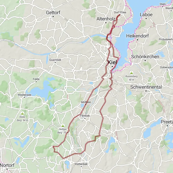 Map miniature of "Scenic Gravel Loop: Friedrichsort to Holtenau" cycling inspiration in Schleswig-Holstein, Germany. Generated by Tarmacs.app cycling route planner