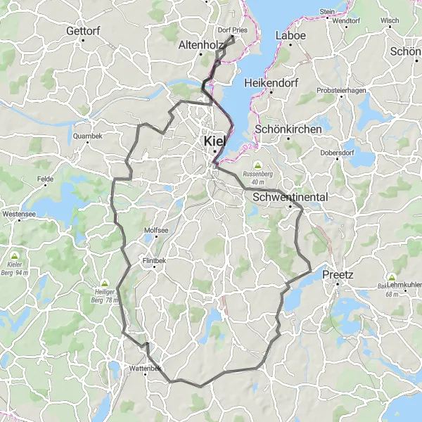 Karten-Miniaturansicht der Radinspiration "Kiel und die umliegenden Höhen" in Schleswig-Holstein, Germany. Erstellt vom Tarmacs.app-Routenplaner für Radtouren