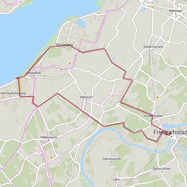 Karten-Miniaturansicht der Radinspiration "Rund um Friedrichstadt Gravelroute" in Schleswig-Holstein, Germany. Erstellt vom Tarmacs.app-Routenplaner für Radtouren