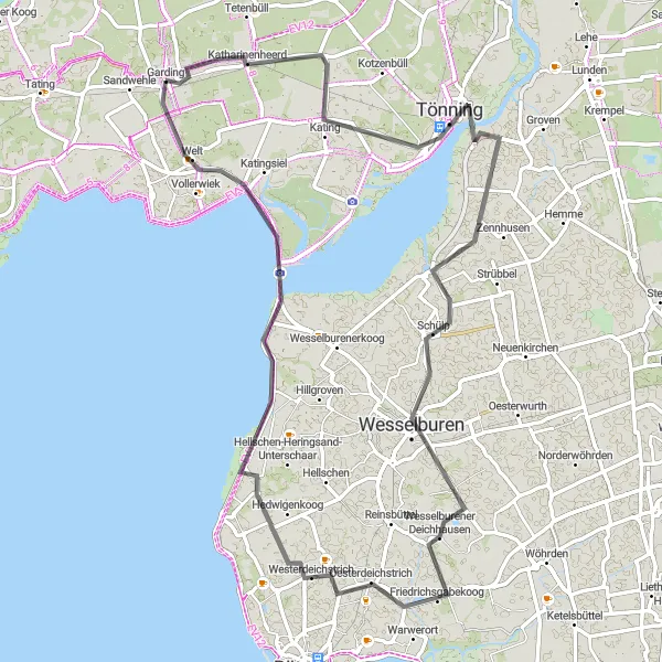 Map miniature of "Westerdeichstrich Loop" cycling inspiration in Schleswig-Holstein, Germany. Generated by Tarmacs.app cycling route planner