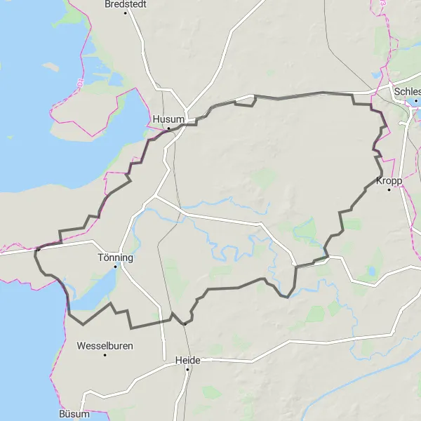 Karten-Miniaturansicht der Radinspiration "Tetenbüll-Husum-Runde" in Schleswig-Holstein, Germany. Erstellt vom Tarmacs.app-Routenplaner für Radtouren