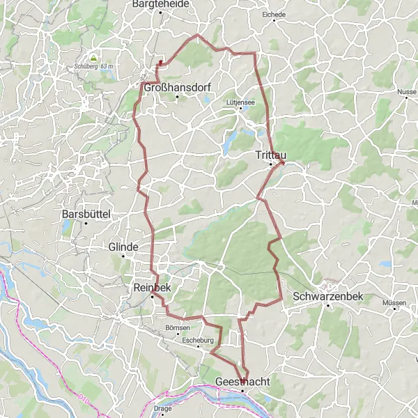 Karten-Miniaturansicht der Radinspiration "Rundtour von Geesthacht über Kasseburg nach Hohenhorn" in Schleswig-Holstein, Germany. Erstellt vom Tarmacs.app-Routenplaner für Radtouren