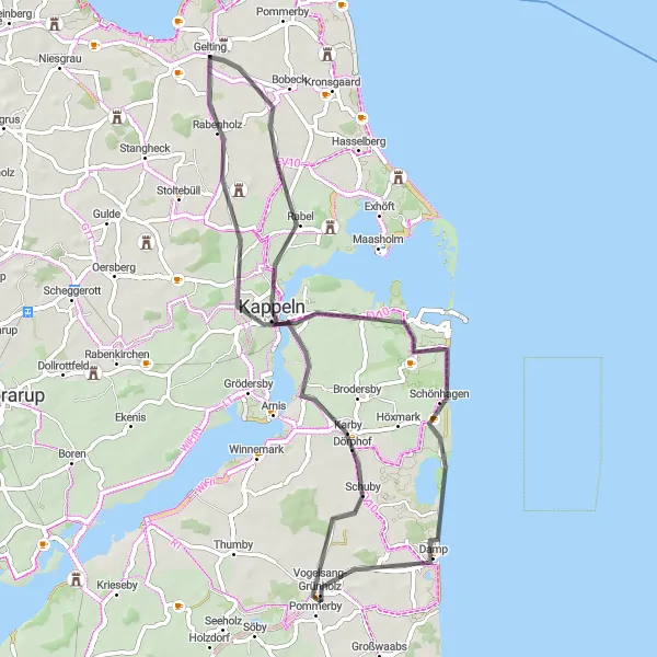 Map miniature of "Kappeln to Rabenholz Loop" cycling inspiration in Schleswig-Holstein, Germany. Generated by Tarmacs.app cycling route planner