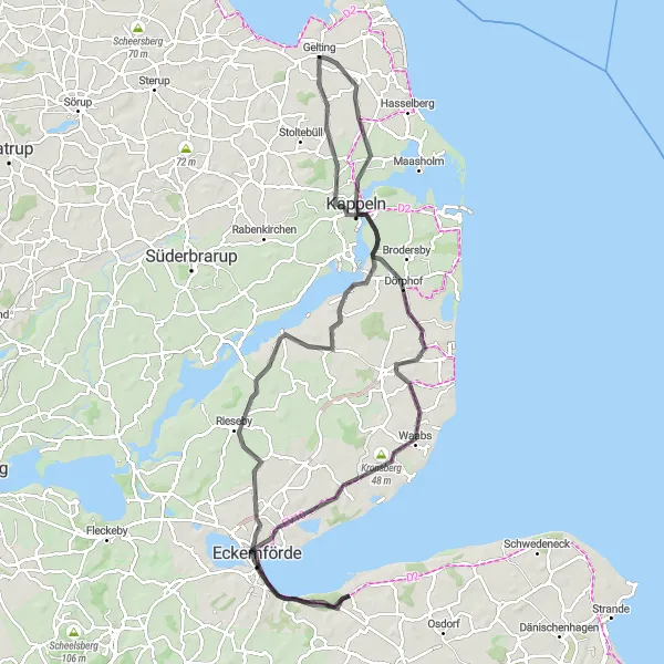 Map miniature of "Kappeln to Gelting Adventure" cycling inspiration in Schleswig-Holstein, Germany. Generated by Tarmacs.app cycling route planner