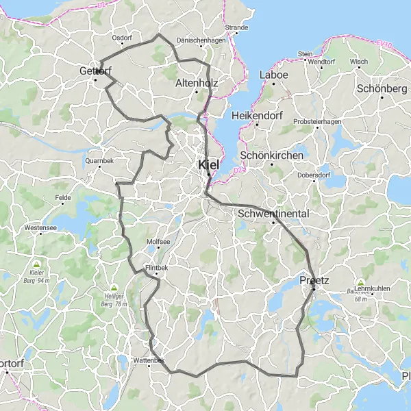 Map miniature of "Osdorf to Kiel Road Expedition" cycling inspiration in Schleswig-Holstein, Germany. Generated by Tarmacs.app cycling route planner