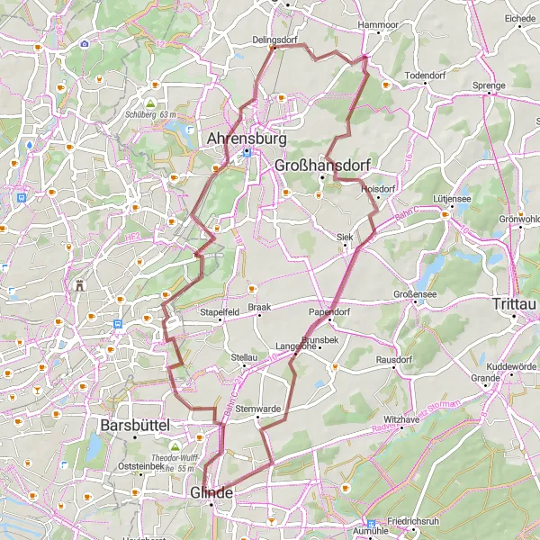 Karten-Miniaturansicht der Radinspiration "Gravel-Tour entlang von Glinde" in Schleswig-Holstein, Germany. Erstellt vom Tarmacs.app-Routenplaner für Radtouren