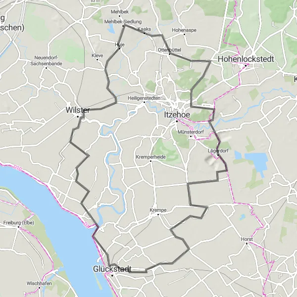 Map miniature of "Glückstadt Loop via Dammfleth and Itzehoe" cycling inspiration in Schleswig-Holstein, Germany. Generated by Tarmacs.app cycling route planner