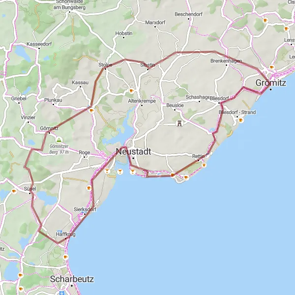 Map miniature of "Gravel Route 1: From Grömitz to Stolpe" cycling inspiration in Schleswig-Holstein, Germany. Generated by Tarmacs.app cycling route planner