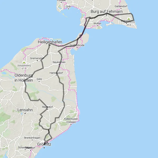 Karten-Miniaturansicht der Radinspiration "Küstenfahrt: Cismar - Heringsdorf - Großenbrode - Strukkamp - Hinrichsberg - Heiligenhafen - Lenste" in Schleswig-Holstein, Germany. Erstellt vom Tarmacs.app-Routenplaner für Radtouren