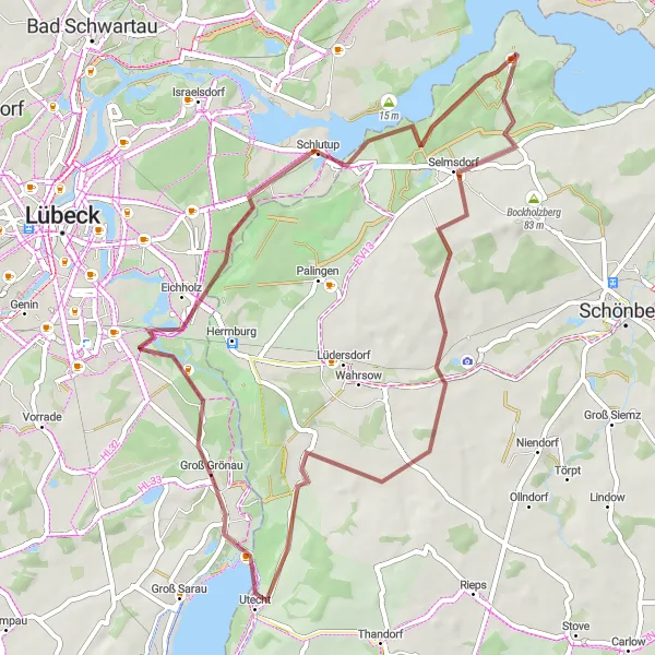 Karten-Miniaturansicht der Radinspiration "Klein Grönau und Selmsdorf - Gravel Tour" in Schleswig-Holstein, Germany. Erstellt vom Tarmacs.app-Routenplaner für Radtouren