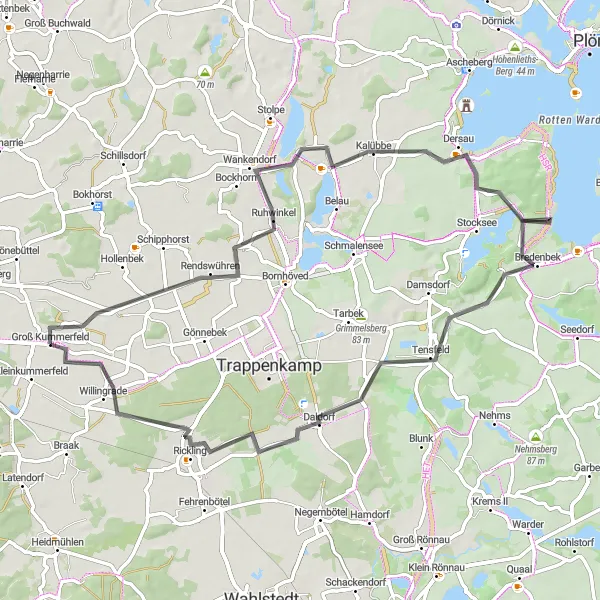 Map miniature of "Loop to Dersau and Groß Kummerfeld" cycling inspiration in Schleswig-Holstein, Germany. Generated by Tarmacs.app cycling route planner