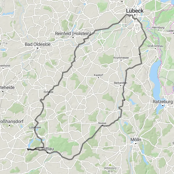 Map miniature of "Eastern Adventure" cycling inspiration in Schleswig-Holstein, Germany. Generated by Tarmacs.app cycling route planner