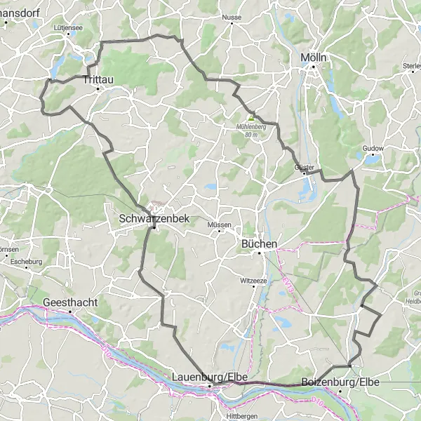 Map miniature of "The Lakes and Forest Route" cycling inspiration in Schleswig-Holstein, Germany. Generated by Tarmacs.app cycling route planner