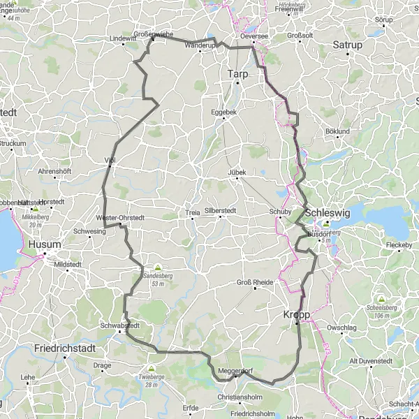 Karten-Miniaturansicht der Radinspiration "Oeversee und Husum Rundfahrt" in Schleswig-Holstein, Germany. Erstellt vom Tarmacs.app-Routenplaner für Radtouren