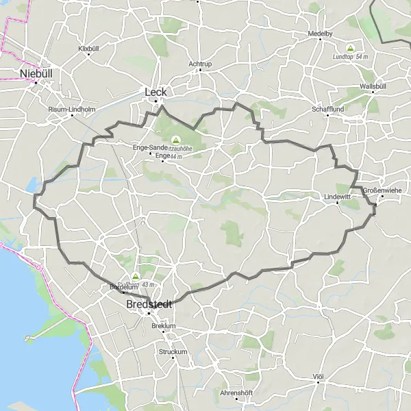 Karten-Miniaturansicht der Radinspiration "Rundtour von Großenwiehe nach Bredstedt" in Schleswig-Holstein, Germany. Erstellt vom Tarmacs.app-Routenplaner für Radtouren