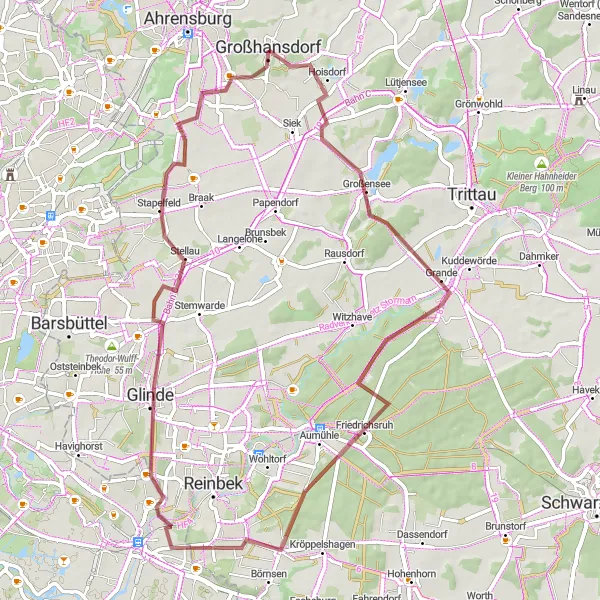 Karten-Miniaturansicht der Radinspiration "Gravel-Abenteuer von Großhansdorf nach Grande" in Schleswig-Holstein, Germany. Erstellt vom Tarmacs.app-Routenplaner für Radtouren