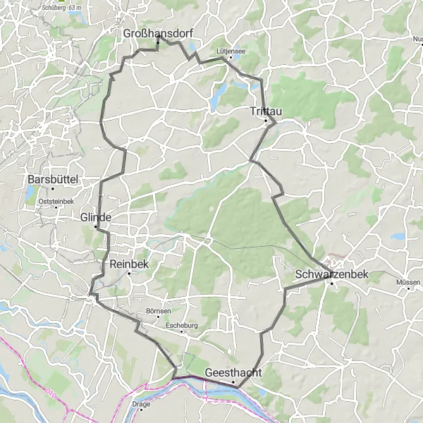 Karten-Miniaturansicht der Radinspiration "Rennradtour von Großhansdorf nach Glinde" in Schleswig-Holstein, Germany. Erstellt vom Tarmacs.app-Routenplaner für Radtouren