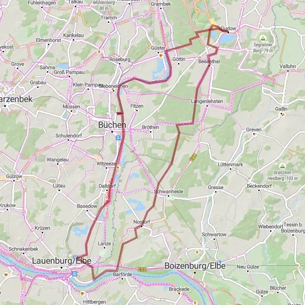 Map miniature of "Nostorf and Güster Gravel Adventure" cycling inspiration in Schleswig-Holstein, Germany. Generated by Tarmacs.app cycling route planner