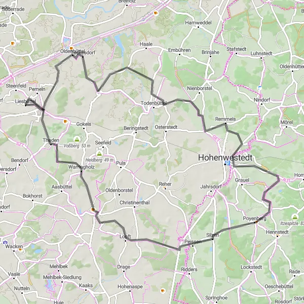 Map miniature of "Hanerau-Hademarschen Circular Road Route" cycling inspiration in Schleswig-Holstein, Germany. Generated by Tarmacs.app cycling route planner