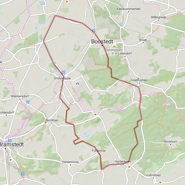 Karten-Miniaturansicht der Radinspiration "Fahrradtour von Hartenholm nach Großenaspe, Boostedt und Heidmühlen" in Schleswig-Holstein, Germany. Erstellt vom Tarmacs.app-Routenplaner für Radtouren