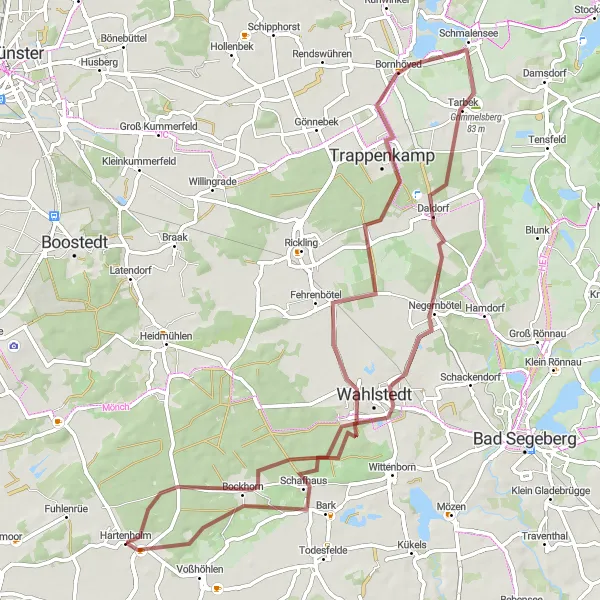 Map miniature of "Rural Charm: Tarbek and Bornhöved" cycling inspiration in Schleswig-Holstein, Germany. Generated by Tarmacs.app cycling route planner