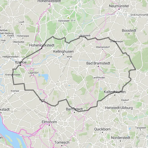 Map miniature of "Road Cycling Adventure: Kaltenkirchen to Großenaspe" cycling inspiration in Schleswig-Holstein, Germany. Generated by Tarmacs.app cycling route planner