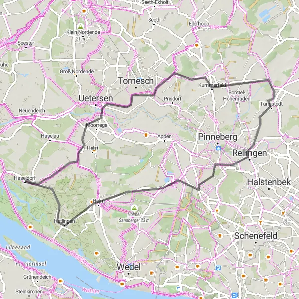 Karten-Miniaturansicht der Radinspiration "Rund um Uetersen und Rellingen" in Schleswig-Holstein, Germany. Erstellt vom Tarmacs.app-Routenplaner für Radtouren