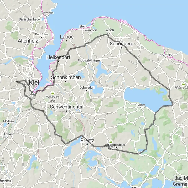 Map miniature of "The Road Warrior: Kiel Highlights and Coastal Beauty" cycling inspiration in Schleswig-Holstein, Germany. Generated by Tarmacs.app cycling route planner
