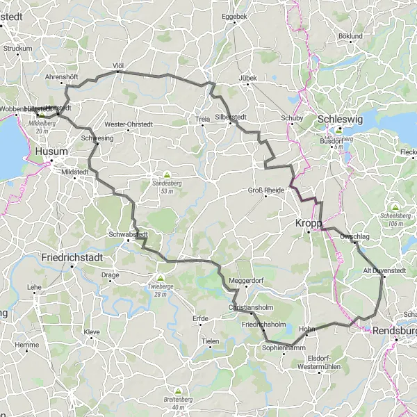 Karten-Miniaturansicht der Radinspiration "Malerische Radrunde um Hattstedt" in Schleswig-Holstein, Germany. Erstellt vom Tarmacs.app-Routenplaner für Radtouren