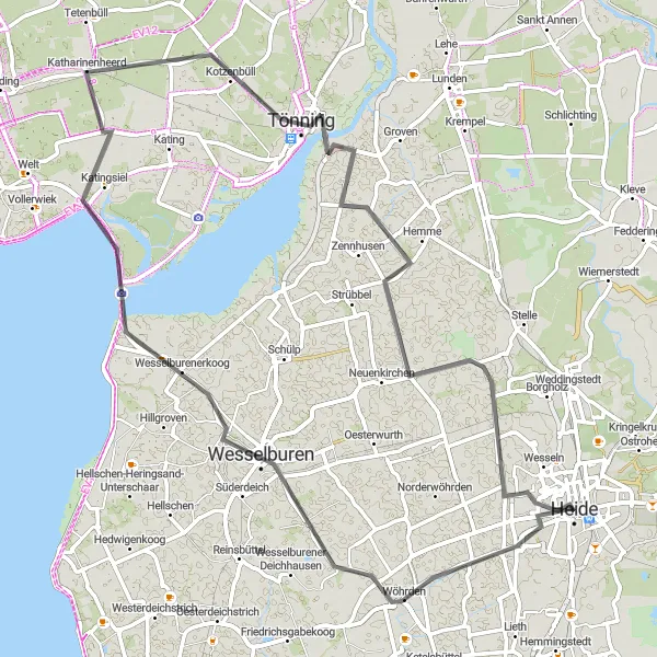 Karten-Miniaturansicht der Radinspiration "Roadtrip durch Wöhrden und Friedrichstadt" in Schleswig-Holstein, Germany. Erstellt vom Tarmacs.app-Routenplaner für Radtouren