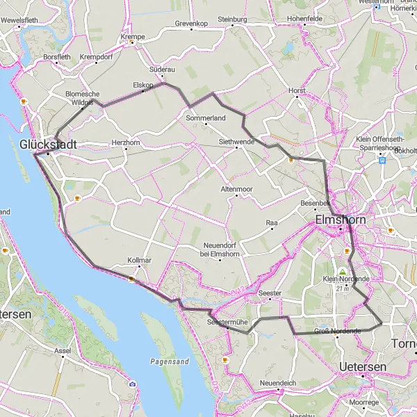 Map miniature of "Road Cycling Adventures in Groß Nordende and Glückstadt" cycling inspiration in Schleswig-Holstein, Germany. Generated by Tarmacs.app cycling route planner