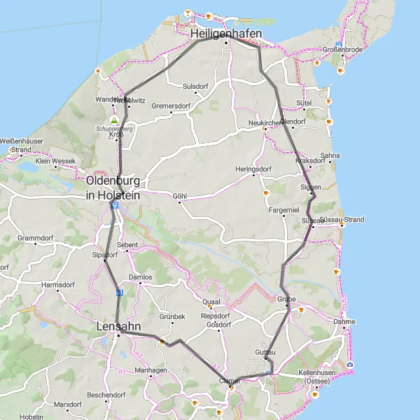 Map miniature of "Discover the Hinterland" cycling inspiration in Schleswig-Holstein, Germany. Generated by Tarmacs.app cycling route planner