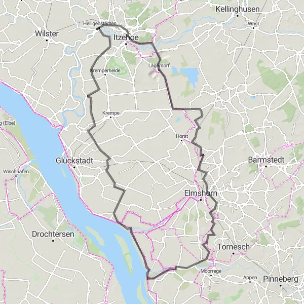 Karten-Miniaturansicht der Radinspiration "Der ausgedehnte Rundweg um Heiligenstedten" in Schleswig-Holstein, Germany. Erstellt vom Tarmacs.app-Routenplaner für Radtouren